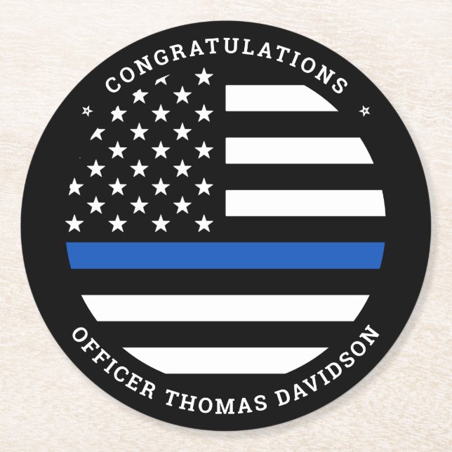 Police Graduation Party Modern Thin Blue Line Flag Round Paper Coaster (Front)