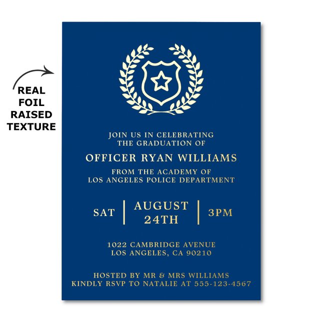 Police Graduation Party Navy Officer Badge (A police graduation party invitation featuring a real foil raised texture)