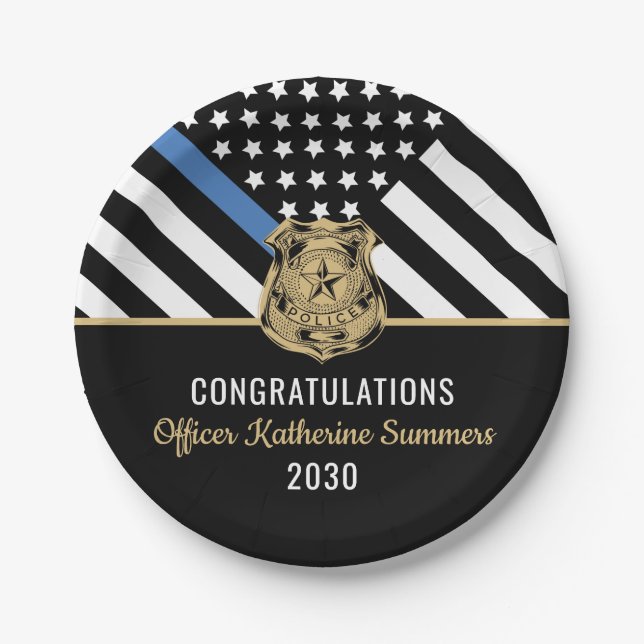 Police Graduation Thin Blue Line Law Enforcement Paper Plate (Front)