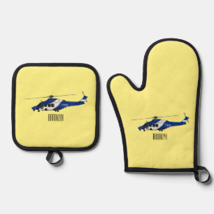 Police helicopter cartoon illustration  oven mitt & pot holder set