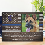 Police K9 Dog Law Enforcement Officer Retirement Plaque<br><div class="desc">Honour your best partner and police dog for his dedicated years of service with this Thin Blue Line Police Dog Retirement Appreciation Photo plaque. Personalize with your police K9 officer's photo, name, personal message, service dates and service years. Also personalize with badge, department logo or seal. Perfect for police K9...</div>