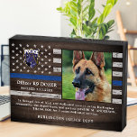 Police K9 Dog Law Enforcement Officer Retirement  Wooden Box Sign<br><div class="desc">Honour your best partner and police dog for his dedicated years of service with this Thin Blue Line Police Dog Retirement Appreciation Photo award plaque. Personalize with your police K9 officer's photo, name, personal message, service dates and service years. Also personalize with badge, department logo or seal. Perfect for police...</div>