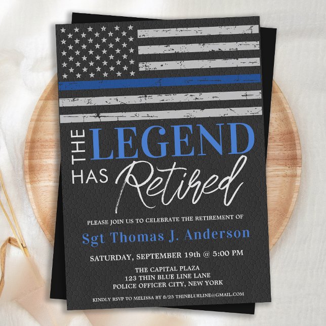 Police Legend Retirement Thin Blue Line Flag Party Invitation (Creator Uploaded)