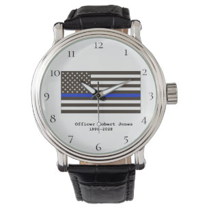 *~* Police Man Officer Thin Blue Line Flag Men Watch