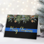 Police Merry Christmas Blue Line Law Enforcement Holiday Card<br><div class="desc">Send Merry Christmas greetings to friends, family, fellow law enforcement departments and your community with this unique Thin Blue Line Police Merry Christmas Card - Modern black and blue with holly leaves and berries with gold script. Personalize with message and family name, or police department name. COPYRIGHT © 2020 Judy...</div>