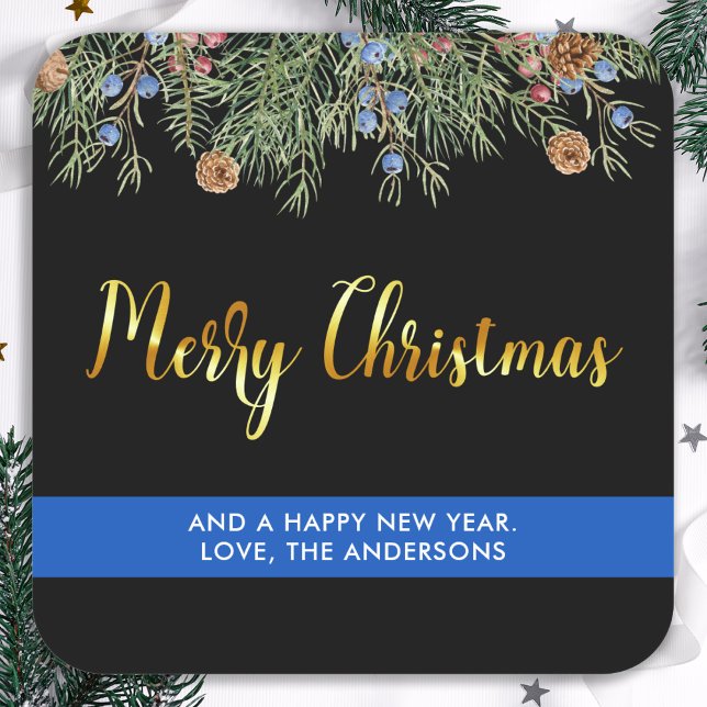 Police Merry Christmas Thin Blue Line Square Sticker (Creator Uploaded)