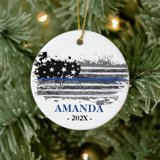 Police Office flag and photo christmas Ceramic Ornament (Tree)