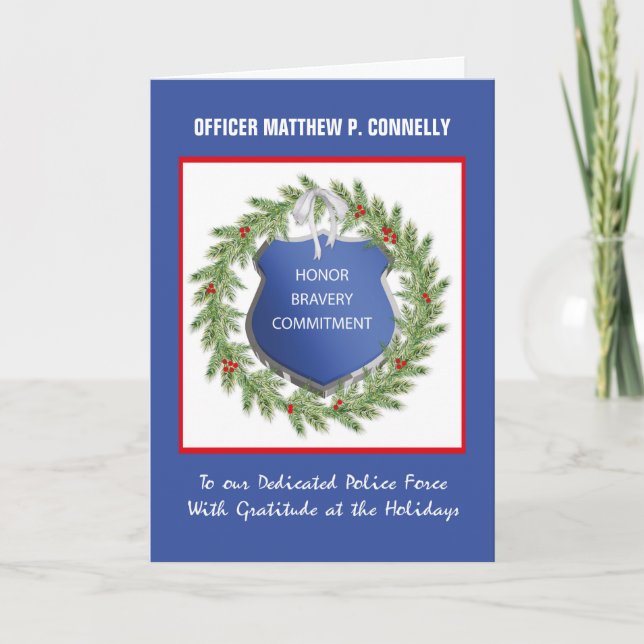 Police Office Happy Holidays Thank You Wreath Card (Front)