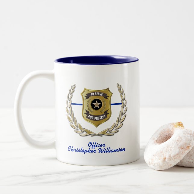 Police Officer Badge Personalized Two-Tone Coffee Mug (With Donut)