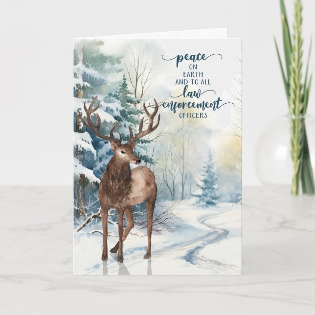 Police Officer Christmas Reindeer Winter Forest Holiday Card (Front)