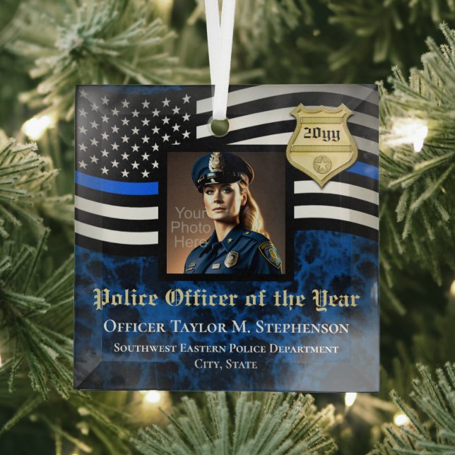 Police Officer Custom Law Enforcement Photo Glass Ornament (Insitu)