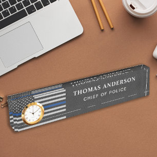 Police Officer Faux Leather Thin Blue Line Clock Nameplate