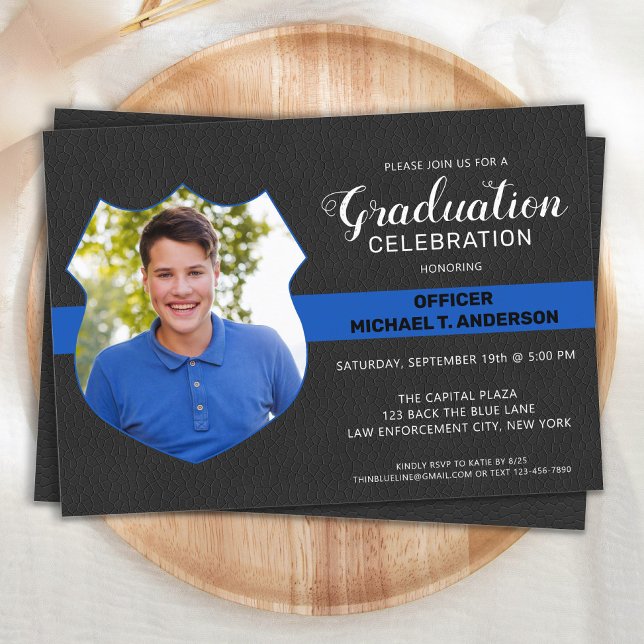 Police Officer Graduation Photo Thin Blue Line Invitation (Creator Uploaded)