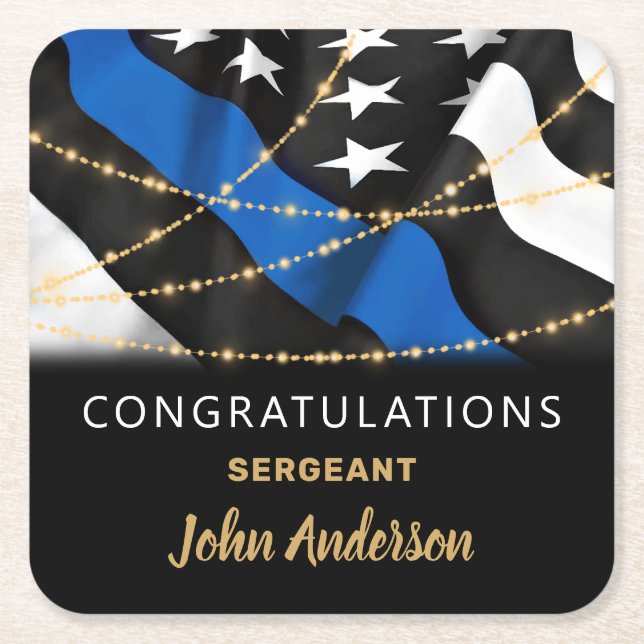 Police Officer Party Blue Gold Congratulations Square Paper Coaster (Front)