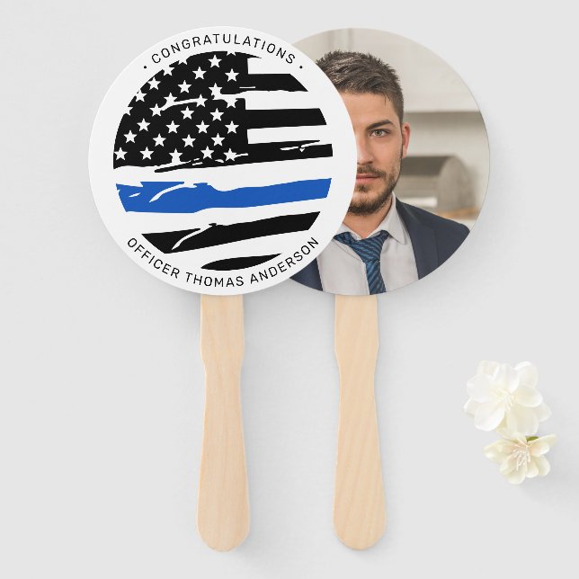 Police Officer Party Thin Blue Line Congratulation Hand Fan (Front and Back)