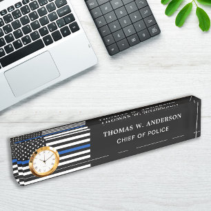 Police Officer Personalized Thin Blue Line Clock Nameplate