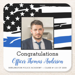 Police Officer Photo Thin Blue Line Graduation Square Paper Coaster