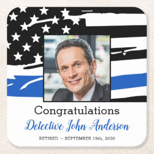 Police Officer Photo Thin Blue Line Retirement  Square Paper Coaster