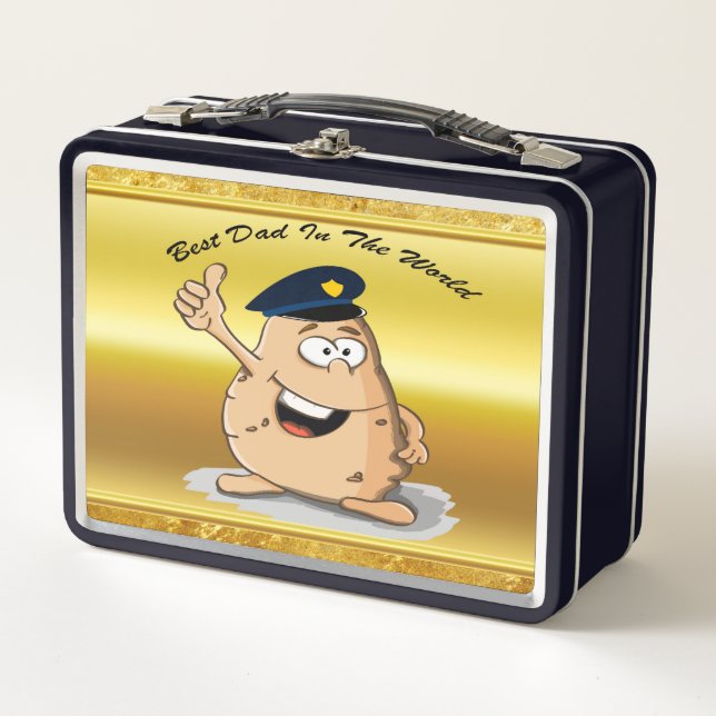 Police officer potato with a blue police hat metal lunch box (Front)
