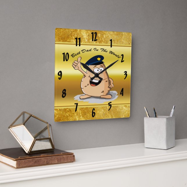 Police officer potato with a blue police hat square wall clock (Office)