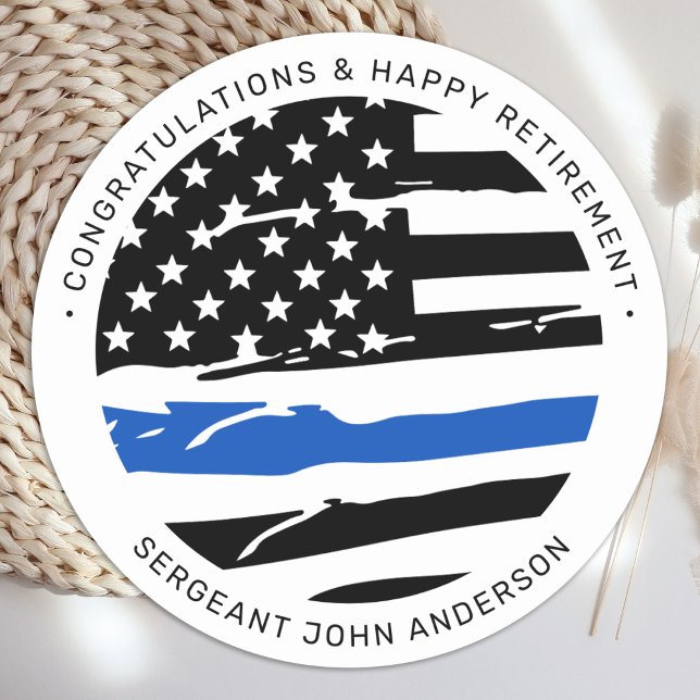 Police Officer Retirement Party Thin Blue Line Classic Round Sticker (Creator Uploaded)
