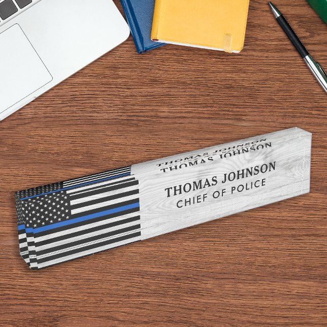Police Officer Rustic Wood Thin Blue Line Flag Nameplate (Creator Uploaded)