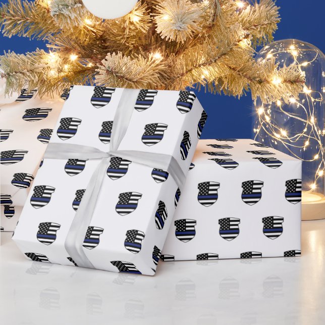 Police Officer Thin Blue Line Cop Police Badge Wrapping Paper (Holidays)