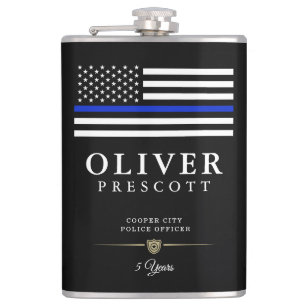 Police Officer   Thin Blue Line Themed Black Hip Flask