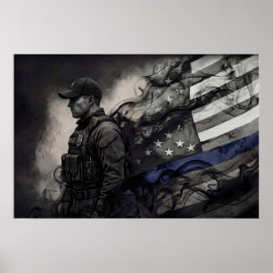 Police Officer Tribute Blue Line American Flag Art Poster