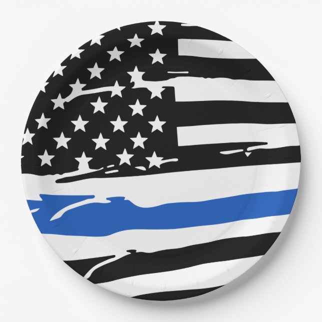 Police Party Law Enforcement Thin Blue Line Flag  Paper Plate (Front)