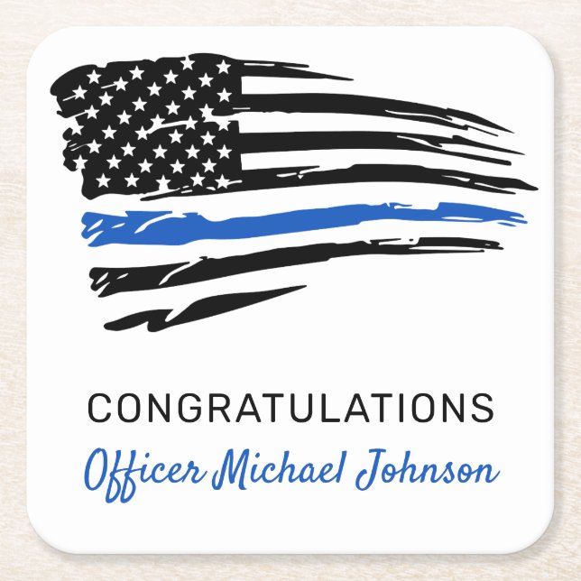 Police Party Thin Blue Line Retirement  Square Paper Coaster (Front)