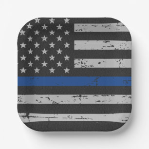 Police Party Thin Blue Line Vintage Flag Square  Paper Plate