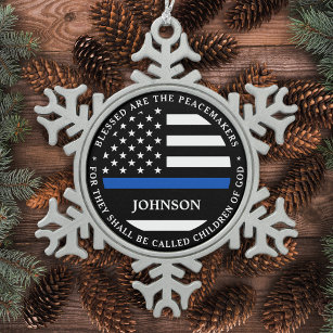Police Personalized Cop Blessed Thin Blue Line Snowflake Pewter Christmas Ornament