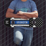 Police Personalized Law Enforcement Thin Blue Line Skateboard<br><div class="desc">Thin Blue Line Skateboard - American flag in Police Flag colours, distressed design . Personalize this police skateboard with monogram initial. This personalized police skateboard deck is perfect for police and law enforcement family , police graduation and police officer retirement gifts. COPYRIGHT © 2020 Judy Burrows, Black Dog Art -...</div>