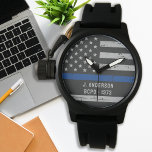 Police Personalized Law Enforcement Thin Blue Line Watch<br><div class="desc">Celebrate and show your appreciation to an outstanding Police Officer with this Thin Blue Line Police Watch - American flag design in Police Flag colours, distressed design . Perfect for service awards and Police Graduation gifts . Personalize with badge number. COPYRIGHT © 2020 Judy Burrows, Black Dog Art - All...</div>