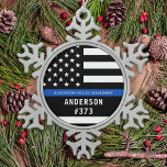 Police Personalized Thin Blue Line Law Enforcement Snowflake Pewter Christmas Ornament<br><div class="desc">Thin Blue Line Police Officer Christmas Ornament - American flag in Police Flag colours, modern black and blue design . Customize with your department name, and personalize with police officers name and badge number. This personalized law enforcement ornament is perfect for police departments and law enforcement officers, stocking stuffers and...</div>