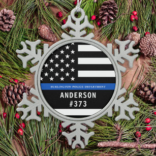 Police Personalized Thin Blue Line Law Enforcement Snowflake Pewter Christmas Ornament
