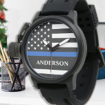 Police Personalized Thin Blue Line Law Enforcement Watch<br><div class="desc">Thin Blue Line Police Watch - American flag design in Police Flag colours modern black, blue white design . Lovely gift to your favourite police or law enforcement officer. Great police retirement gift or appreciation gift. Personalize with name. COPYRIGHT © 2020 Judy Burrows, Black Dog Art - All Rights Reserved....</div>