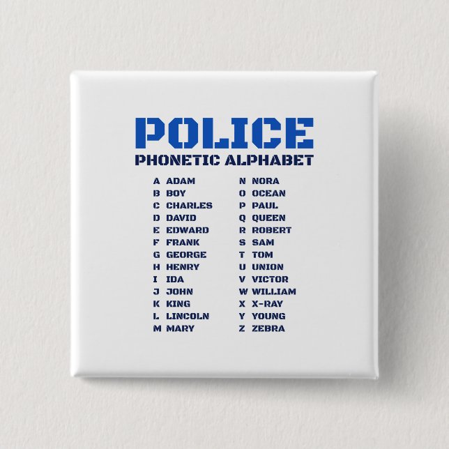 Police Phonetic Dictionary A to Z Alphabet 2 Inch Square Button (Front)