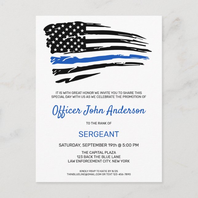 Police Promotion Officer Thin Blue Line Party  Announcement Postcard (Front)