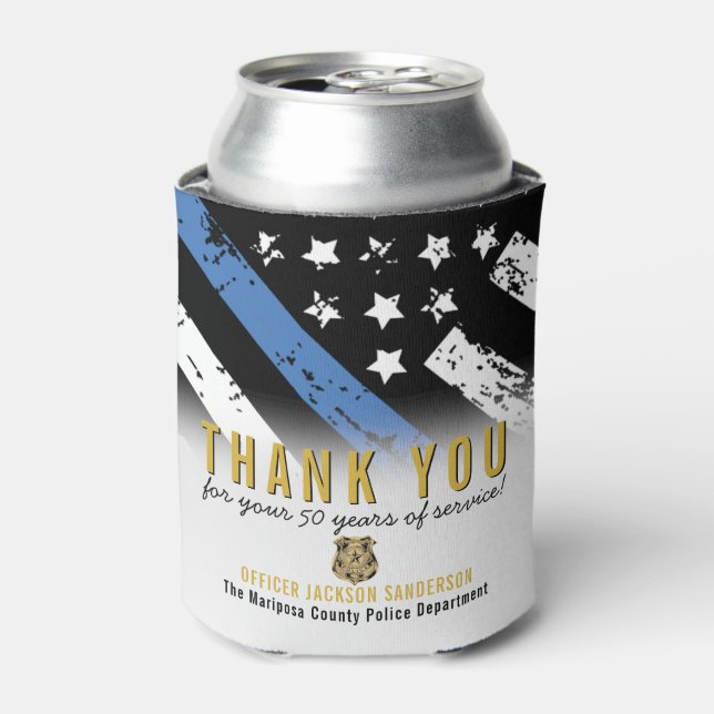 Police Retirement Anniversary Blue Line Flag Can Cooler (Can Front)