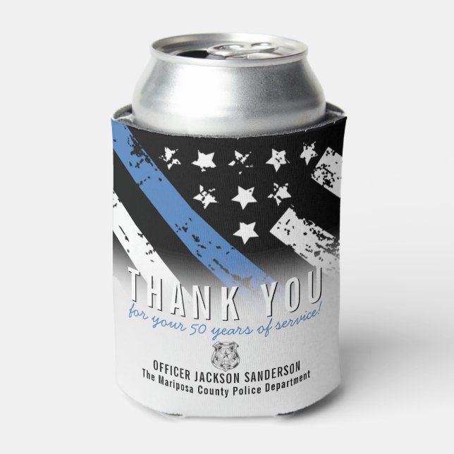 Police Retirement Anniversary Blue Line Flag Can Cooler (Can Front)