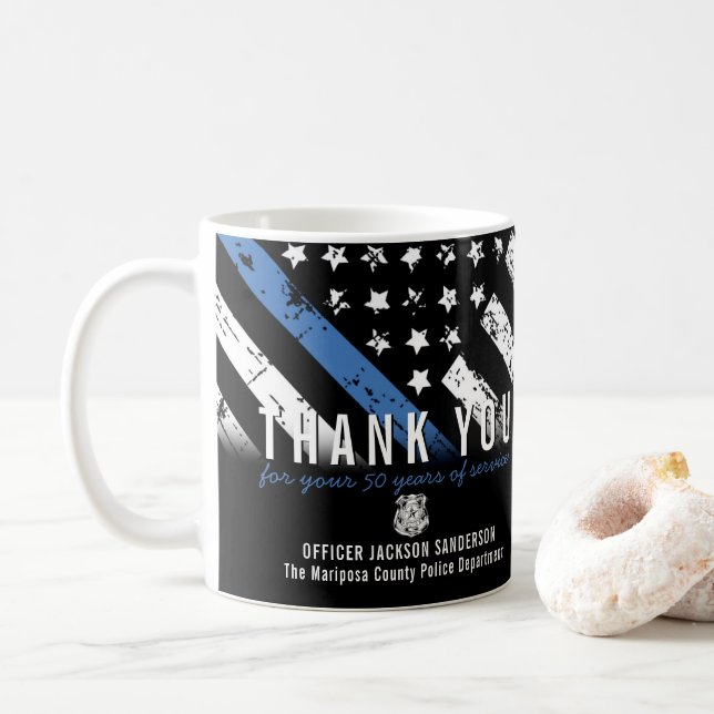 Police Retirement Anniversary Blue Line Flag Coffee Mug (With Donut)