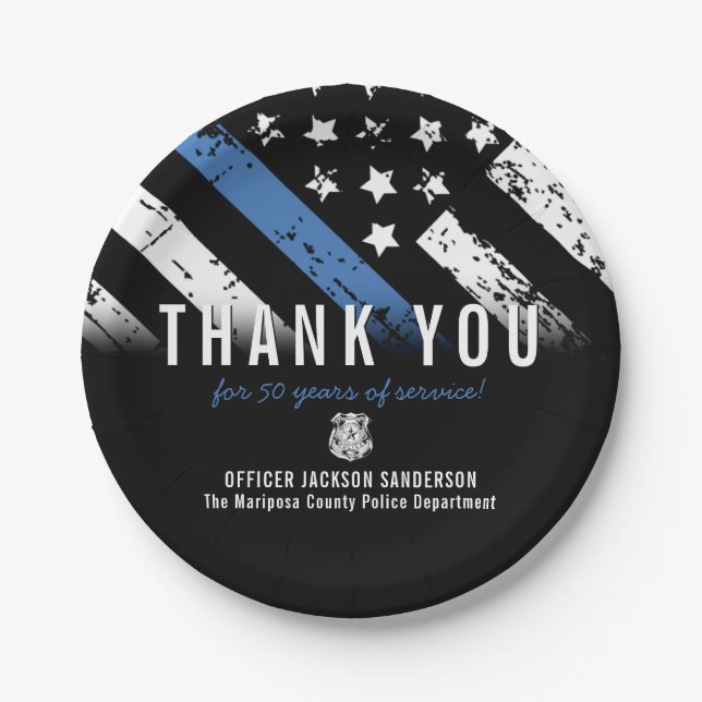 Police Retirement Anniversary Blue Line Flag Paper Plate (Front)