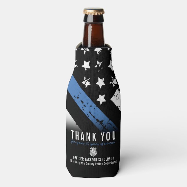 Police Retirement Anniversary Thin Blue Line Flag Bottle Cooler (Bottle Front)