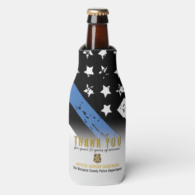 Police Retirement Anniversary Thin Blue Line Flag Bottle Cooler (Bottle Front)