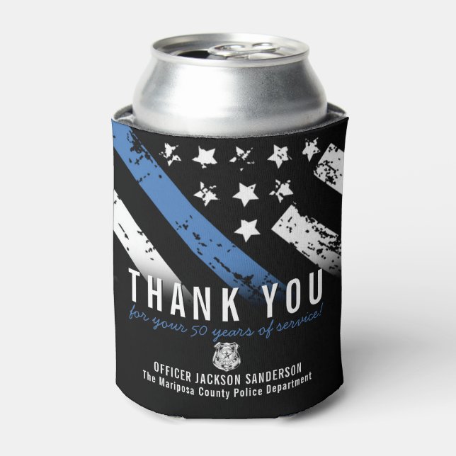 Police Retirement Anniversary Thin Blue Line Flag Can Cooler (Can Front)