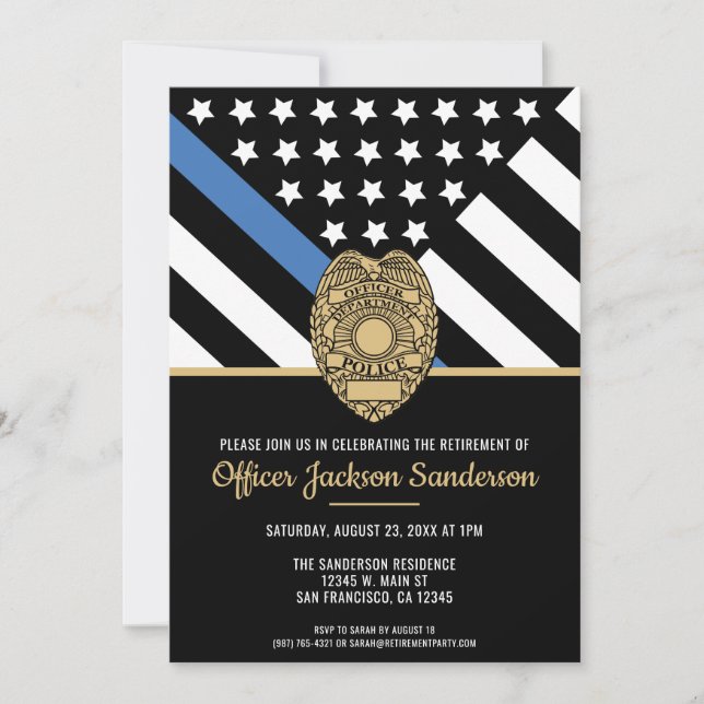 Police Retirement Blue Line Flag Law Enforcement Invitation (Front)
