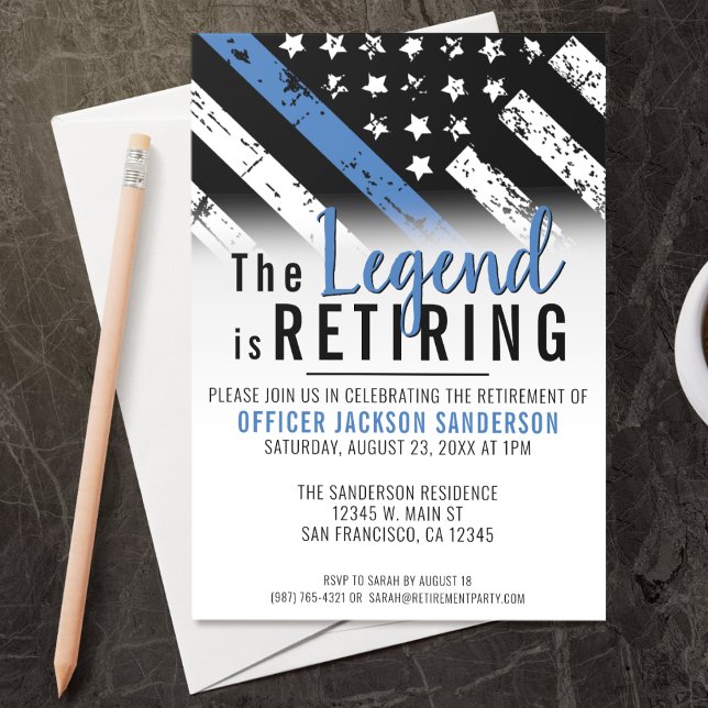 Police Retirement Blue Line Flag Law Enforcement Invitation (A perfect retirement party invitation for a retiring law enforcement police officer, chief, sheriff!)