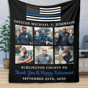 Police Retirement Custom 6 Photo Thin Blue Line Fleece Blanket